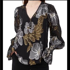 Trina Turk Kaito Silk Blend Floral Blouse XS Black Gold Silver